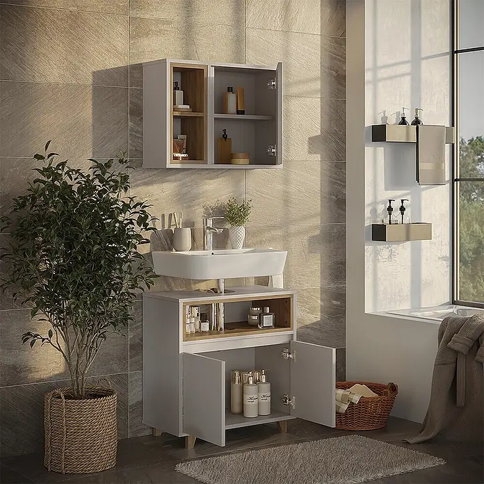 Vicco Badmöbel-Set Elnor Greige mit Spiegelschrank und Unterschrank - Greige, Matt - Helles graues Badmöbelset mit Holzdetails, integriertem Waschbecken und passendem Wandschrank, das Stauraum im modernen Bad bietet.