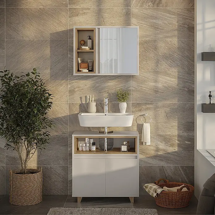 Vicco Badmöbel-Set Elnor Greige mit Spiegelschrank und Unterschrank - Greige, Matt - Moderner Badezimmerschrank mit weißem Waschbecken, weißem Unterschrank, offenen Holzregalen und wandmontiertem Spiegelschrank.