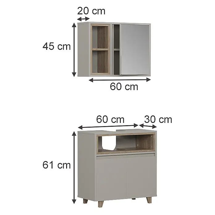 Vicco Badmöbel-Set Elnor Greige mit Spiegelschrank und Unterschrank - Greige, Matt - Zwei modulare grau-braune Schränke: ein Wandschrank mit offenen Fächern und Spiegel, ein Unterschrank mit Spülenausschnitt und Türen. Maße angegeben.
