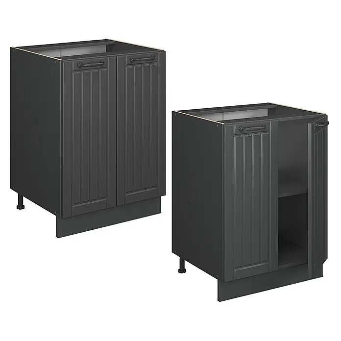 Vicco Schrankküche Fame-Line Dunkelgrau, AP Marmor - Dunkelgrau, Unterschrank 60 cm, AP Marmor - Zwei dunkelgraue Küchenunterschränke mit geriffelten Türen und Griffen; ein Schrank ist offen und zeigt ein Regal.