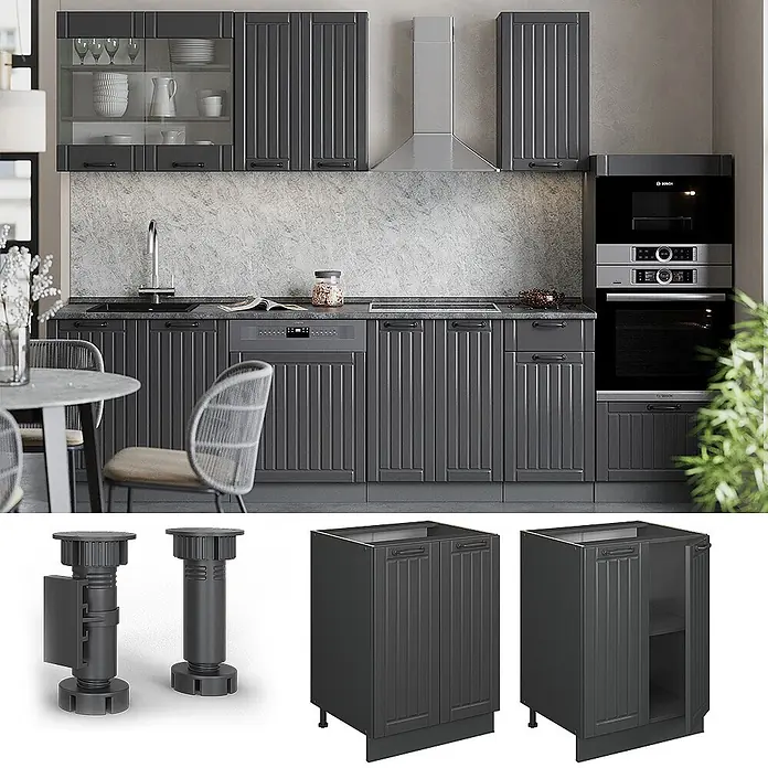 Vicco Schrankküche Fame-Line Dunkelgrau, AP Marmor - Dunkelgrau, Unterschrank 60 cm, AP Marmor - Modulares Küchensystem mit dunkelgrauen geriffelten Schranktüren und Paneelen, in moderner Küche und als Einzelkomponenten gezeigt.