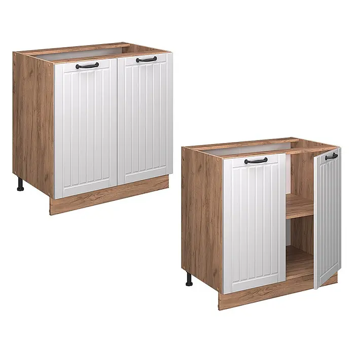 Vicco Schrankküche Fame-Line Weiß Landhaus mit Regal, AP Marmor - Weiß Landhaus, Unterschrank 80 cm, AP Marmor - Küchenunterschrank in Holzoptik Braun mit weißen Lamellentüren. Zwei Ansichten: geschlossen und geöffnet mit Regalen.