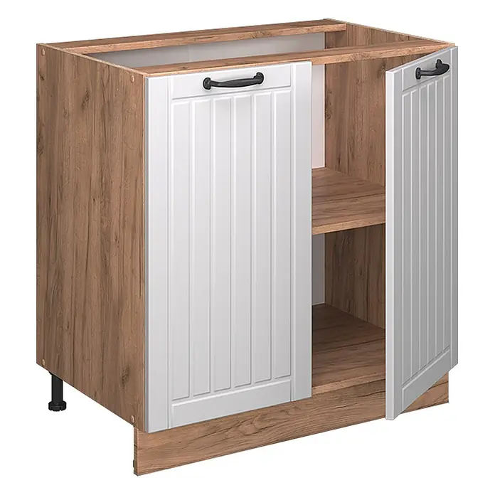 Vicco Schrankküche Fame-Line Weiß Landhaus mit Regal, AP Marmor - Weiß Landhaus, Unterschrank 80 cm, AP Marmor - Zweitüriger Küchenunterschrank mit hellem Holzmaserungskorpus, weißen Paneeltüren, schwarzen Griffen und Innenregal. Eine Tür ist offen.