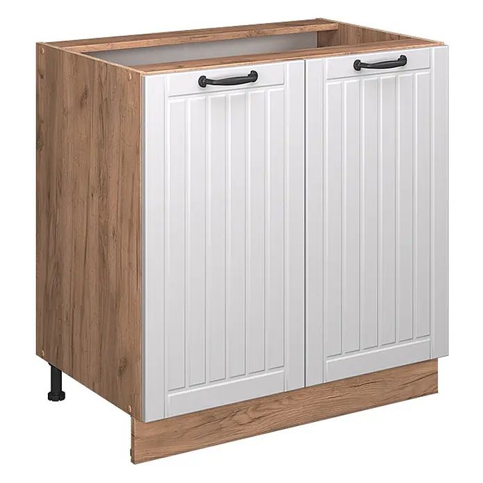 Vicco Schrankküche Fame-Line Weiß Landhaus mit Regal, AP Marmor - Weiß Landhaus, Unterschrank 80 cm, AP Marmor - Küchenunterschrank in Holzoptik mit zwei weißen Kassettentüren, schwarzen Griffen und passendem Sockel.