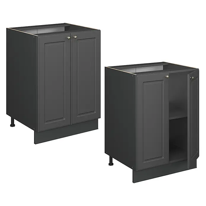 Vicco Küchenunterschrank Fame-Line, Anthrazit-Gold Landhaus, 60 cm -  - Zwei anthrazitfarbene Unterschränke, einer geschlossen, einer offen mit Regal, mit Shaker-Türen und verstellbaren Füßen.