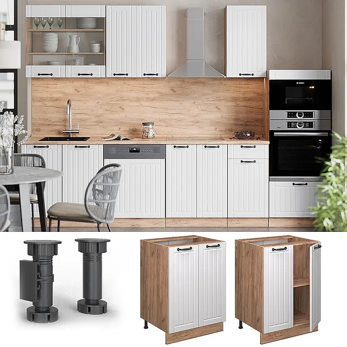Vicco Schrankküche Fame-Line Weiß Landhaus, AP Eiche - Weiß Landhaus, Unterschrank 60 cm, AP Eiche - Weiße gerippte Küchenschränke mit Holzoptikrahmen, montiert in Küche und als Unterschränke mit verstellbaren Füßen.