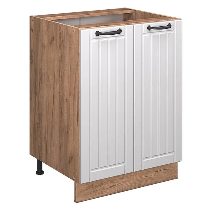 Vicco Schrankküche Fame-Line Weiß Landhaus, AP Eiche - Weiß Landhaus, Unterschrank 60 cm, AP Eiche - Weißer gerillter Unterschrank mit zwei Türen, dunklen Griffen und hellem Holzdekorrahmen sowie Sockel.