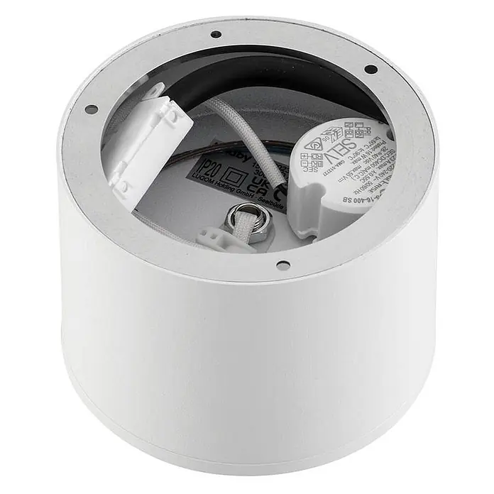 Lindby Deckenstrahler Nivoria - weiß / opal - Weißes zylindrisches LED-Spotlight-Gehäuse mit internen Komponenten und Verkabelung.