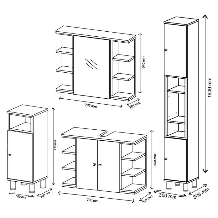 Vicco Badmöbel-Set Aquis Weiß 4 Teile - Gesamtbreite Badmöbel: 136,9 cm, Weiß, Matt - Linienzeichnung eines modernen Badezimmermöbel-Sets mit Spiegelschrank, Waschtischunterschrank und zwei Hochschränken.