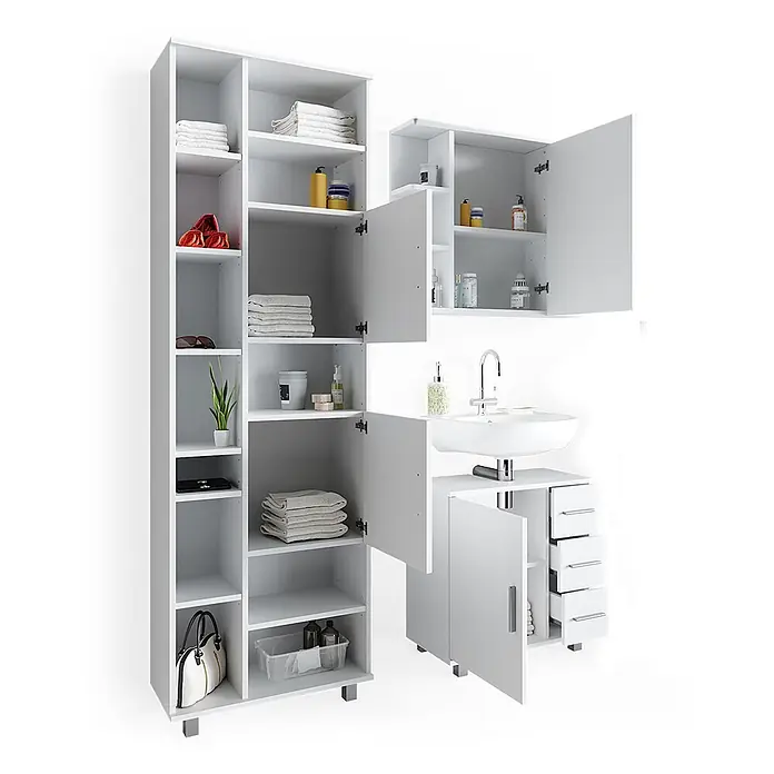 Vicco Badmöbel-Set Ilias Weiß 3 Teile, mit Unterschrank 60 cm - Gesamtbreite Badmöbel: 120 cm, Weiß, Matt - Weißes modulares Badmöbel-Set mit Hochschrank, Wandschrank und Waschtisch mit Waschbecken für Stauraum.