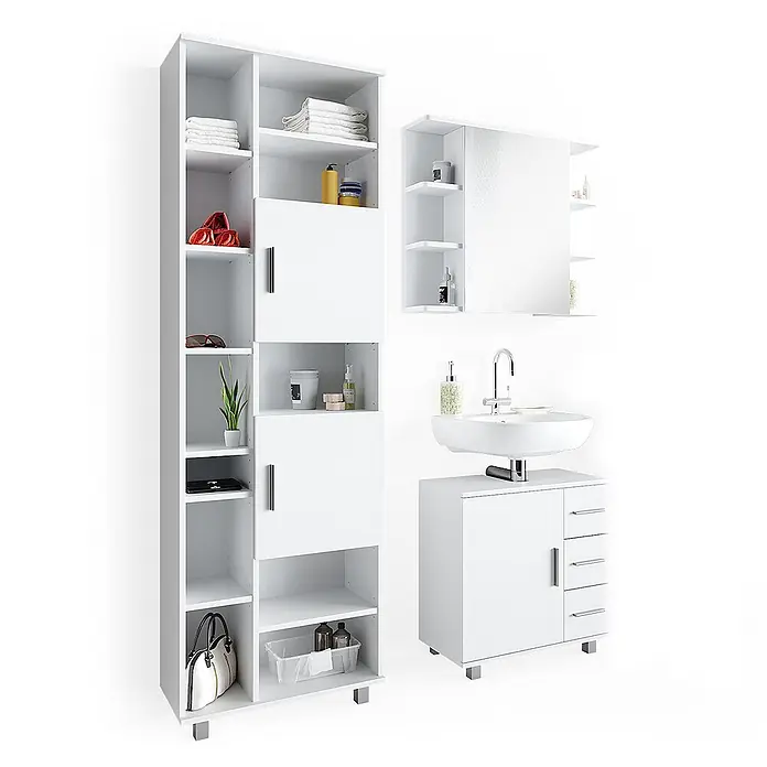 Vicco Badmöbel-Set Ilias Weiß 3 Teile, mit Unterschrank 60 cm - Gesamtbreite Badmöbel: 120 cm, Weiß, Matt - Weißes Badezimmermöbelset mit hohem Schrank, Spiegelschrank und Waschtisch mit Waschbecken.