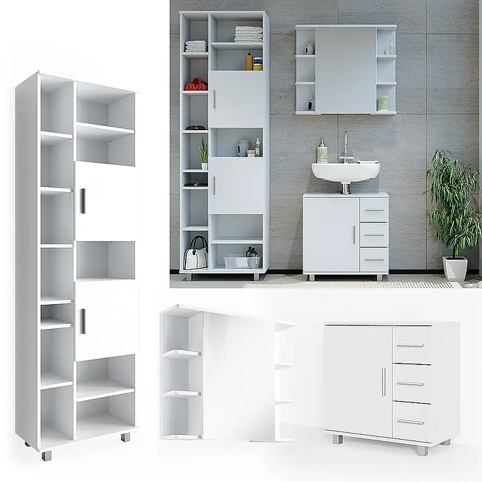 Vicco Badmöbel-Set Ilias Weiß 3 Teile, mit Unterschrank 60 cm - Gesamtbreite Badmöbel: 120 cm, Weiß, Matt - Weißes Badmöbel-Set: hoher Schrank, Spiegelschrank und Waschtischunterschrank mit Schubladen.