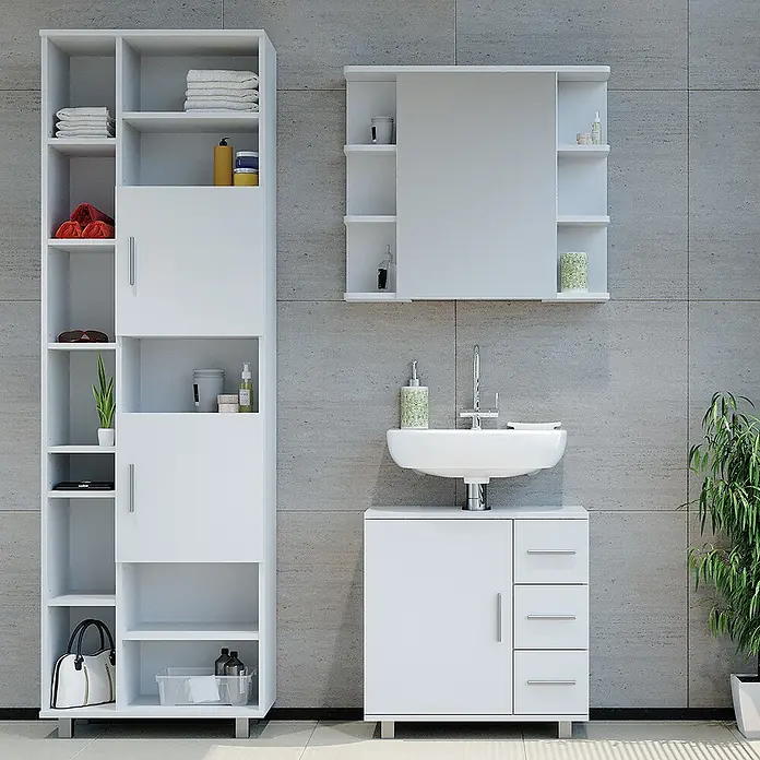 Vicco Badmöbel-Set Ilias Weiß 3 Teile, mit Unterschrank 60 cm - Gesamtbreite Badmöbel: 120 cm, Weiß, Matt - Weißes Badezimmermöbel-Set: hoher Hochschrank, Waschtisch mit Waschbecken und Spiegelschrank.