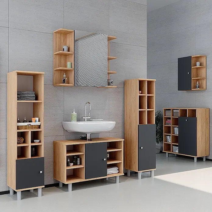 Vicco Badmöbel-Set Fynn Goldkraft Eiche 3 Teile, mit Midischrank Tür klein - Gesamtbreite Badmöbel: 110 cm, Goldkraft Eiche, Matt - Modernes Badezimmermöbel-Set aus hellem Holz und Dunkelgrau, vielseitige Aufbewahrungslösungen bietend.