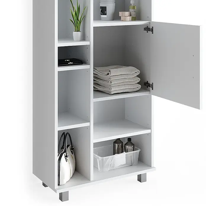 Vicco Badmöbel-Set Ilias Weiß 4 Teile, mit Hochschrank - Gesamtbreite Badmöbel: 150 cm, Weiß, Matt - Weißer Aufbewahrungsschrank mit offenen Fächern und einer Tür.