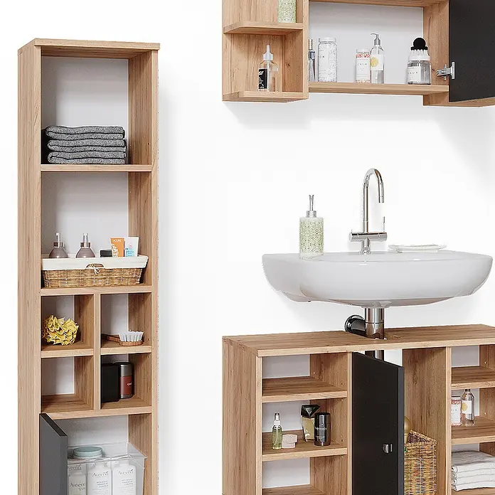 Vicco Badmöbel-Set Fynn Goldkraft Eiche 3 Teile, mit Midischrank Tür klein - Gesamtbreite Badmöbel: 110 cm, Goldkraft Eiche, Matt - Helles Holz Badezimmermöbel-Set mit Regalen und Schränken, Hochschrank und Waschtischunterschrank.