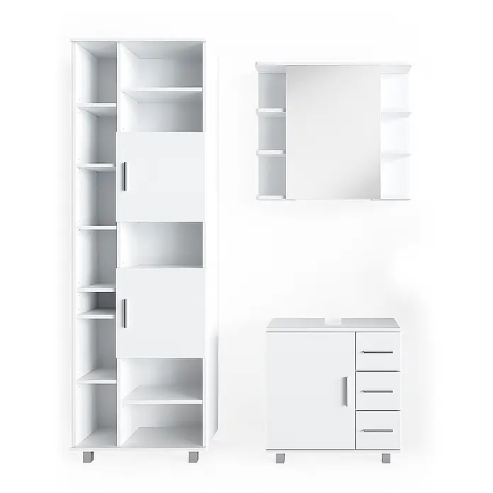 Vicco Badmöbel-Set Ilias Weiß 3 Teile, mit Unterschrank 60 cm - Gesamtbreite Badmöbel: 120 cm, Weiß, Matt - Weißes Badmöbel-Set: Hochschrank, Spiegelschrank und Waschtischunterschrank mit Schubladen.