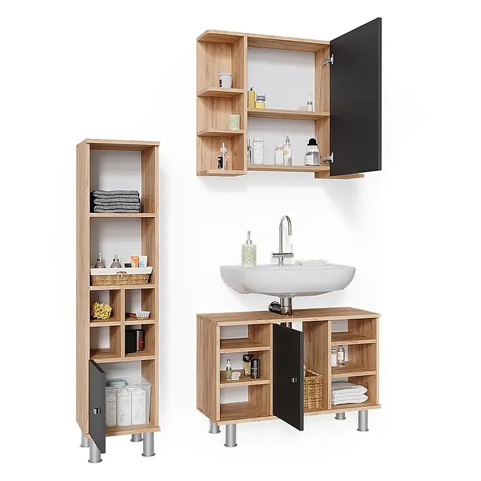 Vicco Badmöbel-Set Fynn Goldkraft Eiche 3 Teile, mit Midischrank Tür klein - Gesamtbreite Badmöbel: 110 cm, Goldkraft Eiche, Matt - Helles Holz-Badmöbelset: Hochschrank, Spiegelschrank und Waschtischunterschrank mit weißem Becken und dunklen Türen.