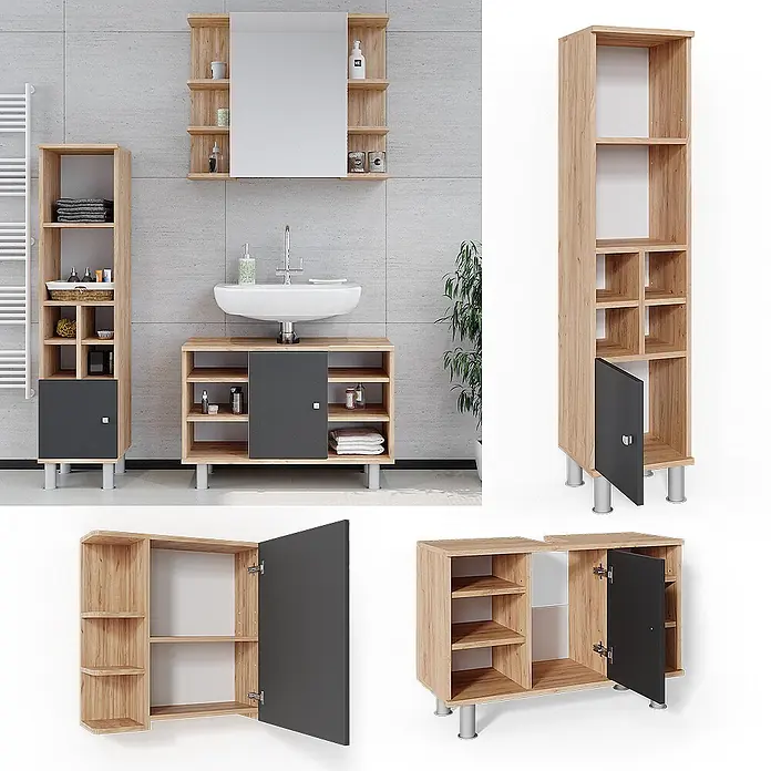 Vicco Badmöbel-Set Fynn Goldkraft Eiche 3 Teile, mit Midischrank Tür klein - Gesamtbreite Badmöbel: 110 cm, Goldkraft Eiche, Matt - Badezimmermöbel-Set aus hellem Holz mit dunkelgrauen Türen, inklusive Hochschrank, Waschtisch und Spiegelschrank.