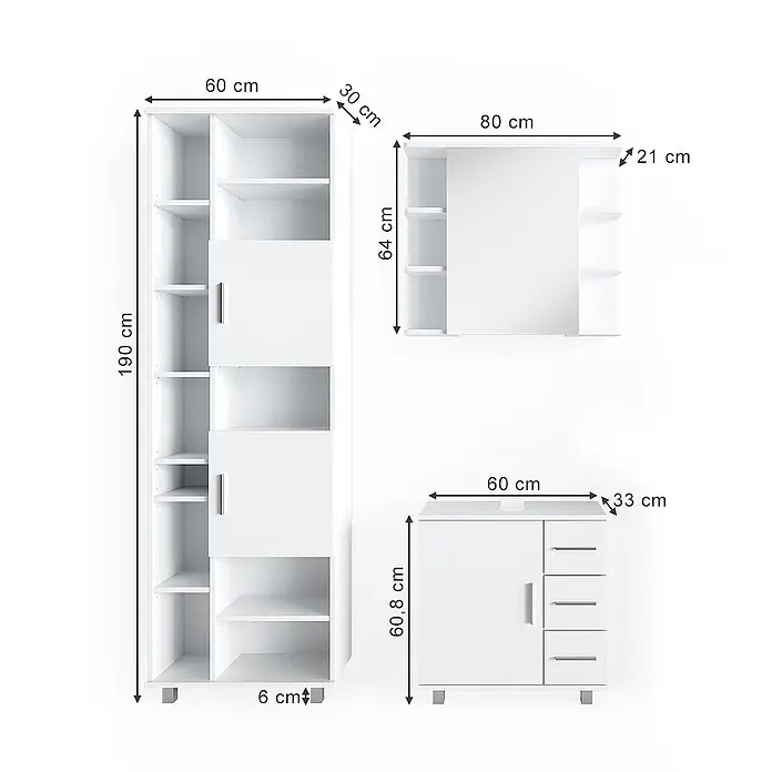 Vicco Badmöbel-Set Ilias Weiß 3 Teile, mit Unterschrank 60 cm - Gesamtbreite Badmöbel: 120 cm, Weiß, Matt - Drei weiße modulare Aufbewahrungsmöbel: ein hohes Regal, ein Wandregal und ein niedriger Schrank mit Schubladen, alle mit Maßen dargestellt.