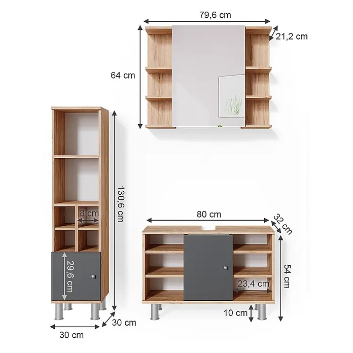 Vicco Badmöbel-Set Fynn Goldkraft Eiche 3 Teile, mit Midischrank Tür klein - Gesamtbreite Badmöbel: 110 cm, Goldkraft Eiche, Matt - Set aus hellem Holz und grauem Möbel: hohes Regal, Spiegelschrank und niedriger Schrank mit Maßen.