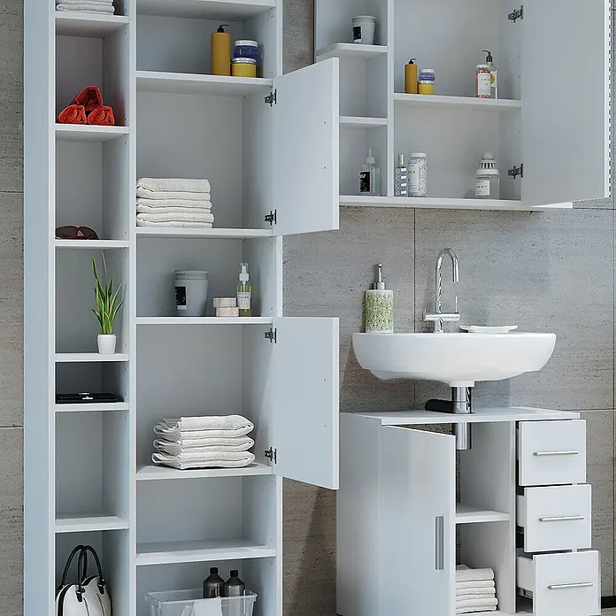 Vicco Badmöbel-Set Ilias Weiß 3 Teile, mit Unterschrank 60 cm - Gesamtbreite Badmöbel: 120 cm, Weiß, Matt - Weißes Badezimmer-Aufbewahrungssystem mit Hochschränken, Wandschränken und einem Waschtischunterschrank mit Keramikwaschbecken für viel Stauraum.