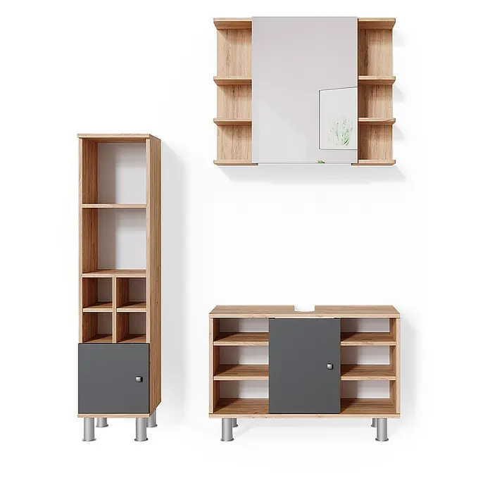 Vicco Badmöbel-Set Fynn Goldkraft Eiche 3 Teile, mit Midischrank Tür klein - Gesamtbreite Badmöbel: 110 cm, Goldkraft Eiche, Matt - Modernes Badmöbel-Set aus hellem Holz und Dunkelgrau: Hochschrank, Waschtischunterschrank und Spiegelschrank mit Regalen.