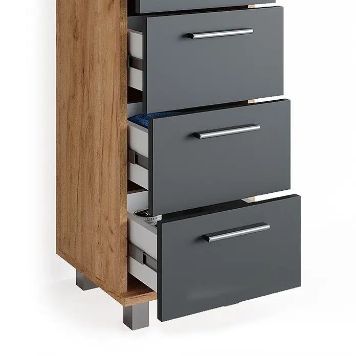 Vicco Badmöbel-Set Ilias Eiche 3 Teile, mit Midischrank - Gesamtbreite Badmöbel: 90 cm, Eiche, Matt - Hohe Kommode mit Holzoptik-Seite und dunkelgrauen Fronten, einige Schubladen sind geöffnet.
