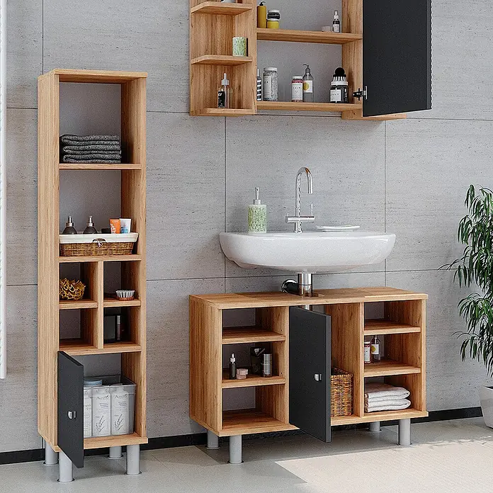 Vicco Badmöbel-Set Fynn Goldkraft Eiche 3 Teile, mit Midischrank Tür klein - Gesamtbreite Badmöbel: 110 cm, Goldkraft Eiche, Matt - Badezimmermöbel-Set aus hellem Holz mit dunkelgrauen Türen: Hochschrank, Waschtisch- und Wandschrank.