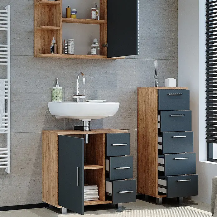 Vicco Badmöbel-Set Ilias Eiche 3 Teile, mit Midischrank - Gesamtbreite Badmöbel: 90 cm, Eiche, Matt - Modernes Badmöbelset mit Holzoptikrahmen und dunkelgrauen Fronten, bestehend aus Waschtischunterschrank, Hochschrank und Spiegelschrank.