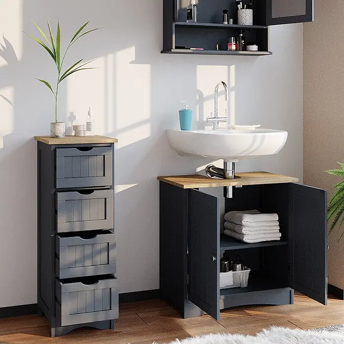 Vicco Badmöbel-Set Bianco Grau 3 Teile - Gesamtbreite Badmöbel: 90 cm, Grau, Matt - Dunkelgraues Badmöbel-Set mit hellen Holzplatten, bestehend aus einem hohen Schubladenschrank, einem Waschtischunterschrank mit Waschbecken und einem Wandschrank.