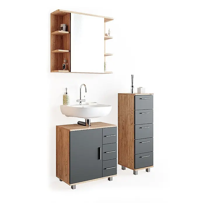 Vicco Badmöbel-Set Ilias Eiche 3 Teile, mit Midischrank - Gesamtbreite Badmöbel: 90 cm, Eiche, Matt - Badezimmermöbel-Set aus hellem Holz und Dunkelgrau: Waschtisch mit Waschbecken, Spiegelschrank und Hochschrank.