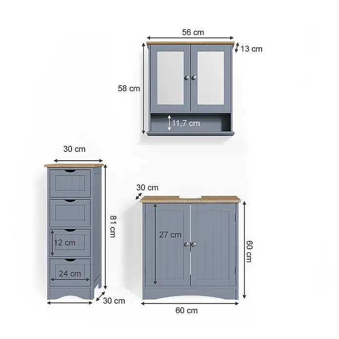 Vicco Badmöbel-Set Bianco Grau 3 Teile - Gesamtbreite Badmöbel: 90 cm, Grau, Matt - Drei graue Badezimmerschränke aus Holz mit hellbraunen Platten, Wand-, Schubladen- und Unterschrank, detaillierte Maße.