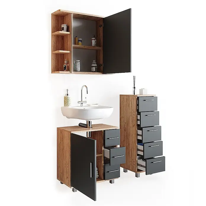 Vicco Badmöbel-Set Ilias Eiche 3 Teile, mit Midischrank - Gesamtbreite Badmöbel: 90 cm, Eiche, Matt - Modernes Badezimmermöbelset in Holzoptik und Dunkelgrau, bestehend aus Wandschrank, Waschbeckenunterschrank und hohem Schubladenschrank.
