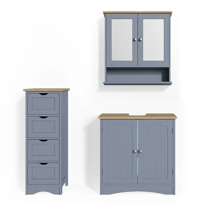 Vicco Badmöbel-Set Bianco Grau 3 Teile - Gesamtbreite Badmöbel: 90 cm, Grau, Matt - Drei blaugraue Badezimmerschränke mit Holzplatten: ein wandmontierter Spiegelschrank, eine hohe Kommode und ein Unterschrank für das Waschbecken.