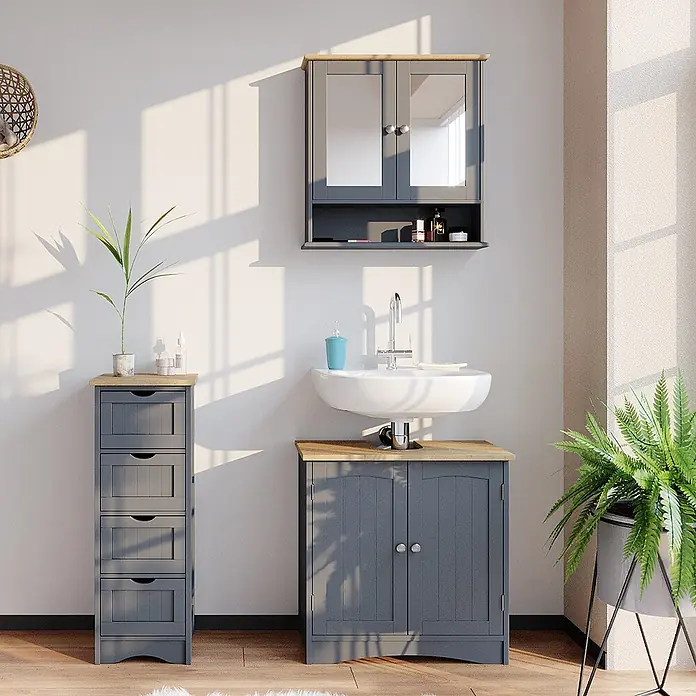 Vicco Badmöbel-Set Bianco Grau 3 Teile - Gesamtbreite Badmöbel: 90 cm, Grau, Matt - Dunkelgraue Badmöbelgarnitur mit hellen Holzplatten: hoher Schubladenschrank, Waschbeckenunterschrank und Spiegelschrank.