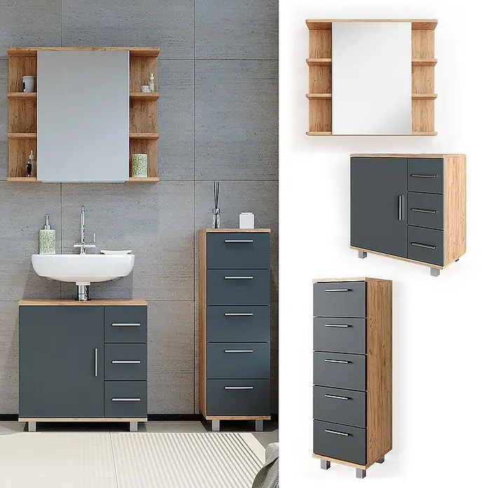 Vicco Badmöbel-Set Ilias Eiche 3 Teile, mit Midischrank - Gesamtbreite Badmöbel: 90 cm, Eiche, Matt - Modernes Badezimmermöbel-Set in heller Holzoptik mit dunkelgrauen Fronten, bestehend aus Spiegelschrank, Waschbeckenunterschrank und hohem Schubladenschrank.
