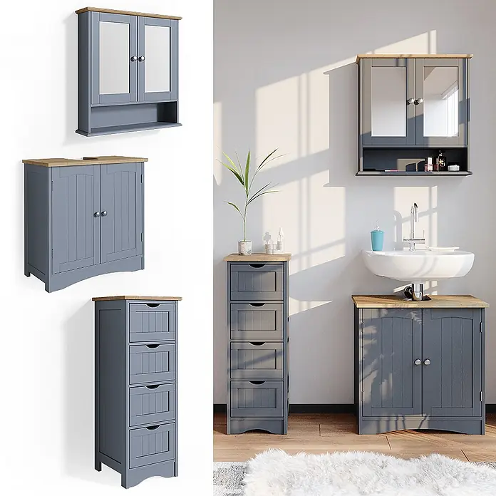 Vicco Badmöbel-Set Bianco Grau 3 Teile - Gesamtbreite Badmöbel: 90 cm, Grau, Matt - Graues Holz-Badezimmermöbelset: Spiegelschrank, Waschtischunterschrank und hoher Schubladenschrank mit Holzplatten.