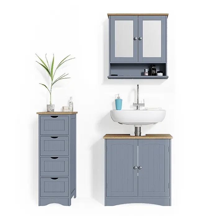 Vicco Badmöbel-Set Bianco Grau 3 Teile - Gesamtbreite Badmöbel: 90 cm, Grau, Matt - Blaugraues Badezimmermöbelset mit hellen Holzplatten, bestehend aus Hochschrank, Waschtischunterschrank und Spiegelschrank mit offenem Regal.