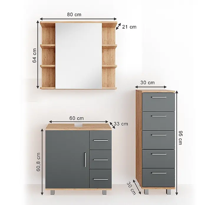 Vicco Badmöbel-Set Ilias Eiche 3 Teile, mit Midischrank - Gesamtbreite Badmöbel: 90 cm, Eiche, Matt - Badmöbel-Set: Eiche-Dekor Spiegelschrank, anthrazitfarbener Waschtischunterschrank mit Schubladen und passender Hochschrank.