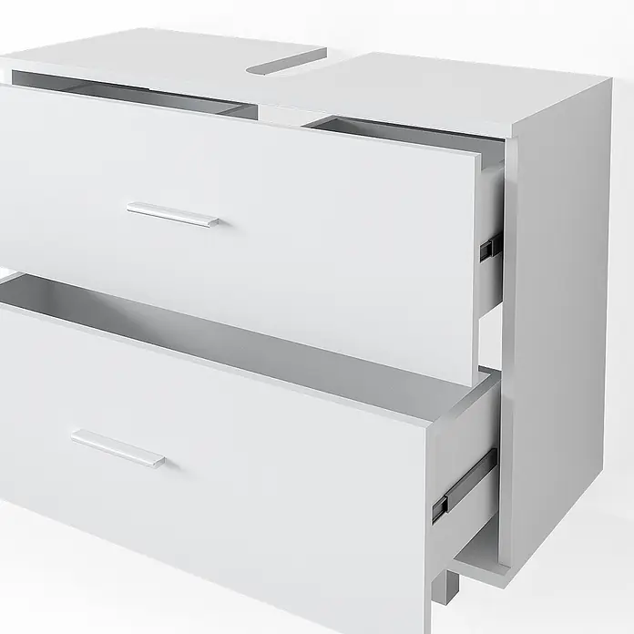 Vicco Badmöbel-Set Ilias Weiß 3 Teile, mit Hochschrank - Gesamtbreite Badmöbel: 140,2 cm, Weiß, Matt - Weißer Waschtischunterschrank mit zwei teilweise geöffneten Schubladen und Aussparungen für Rohrleitungen.