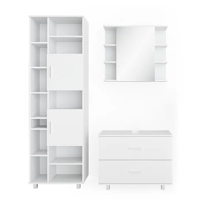 Vicco Badmöbel-Set Ilias Weiß 3 Teile, mit Hochschrank - Gesamtbreite Badmöbel: 140,2 cm, Weiß, Matt - Weißes modulares Badmöbelset: hoher Schrank, Spiegeleinheit mit Regalen, Waschtisch mit zwei Schubladen.