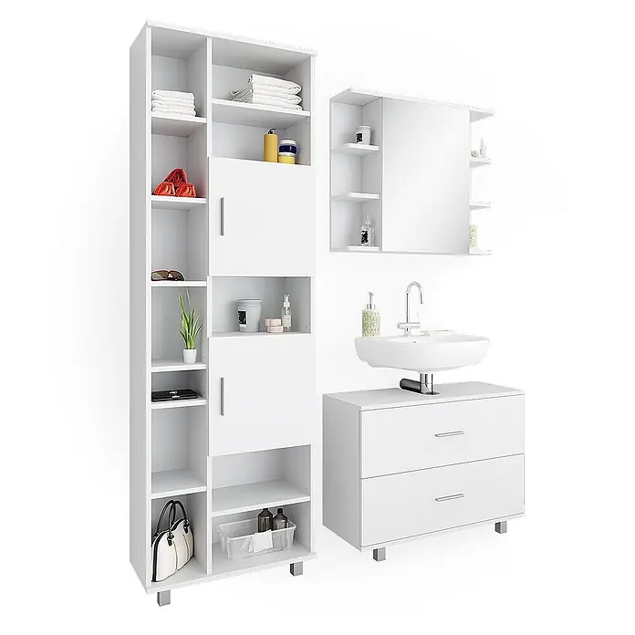 Vicco Badmöbel-Set Ilias Weiß 3 Teile, mit Hochschrank - Gesamtbreite Badmöbel: 140,2 cm, Weiß, Matt - Ein weißes Badmöbel-Set mit hohem Schrank, Spiegelschrank und Waschtischunterschrank mit Waschbecken.