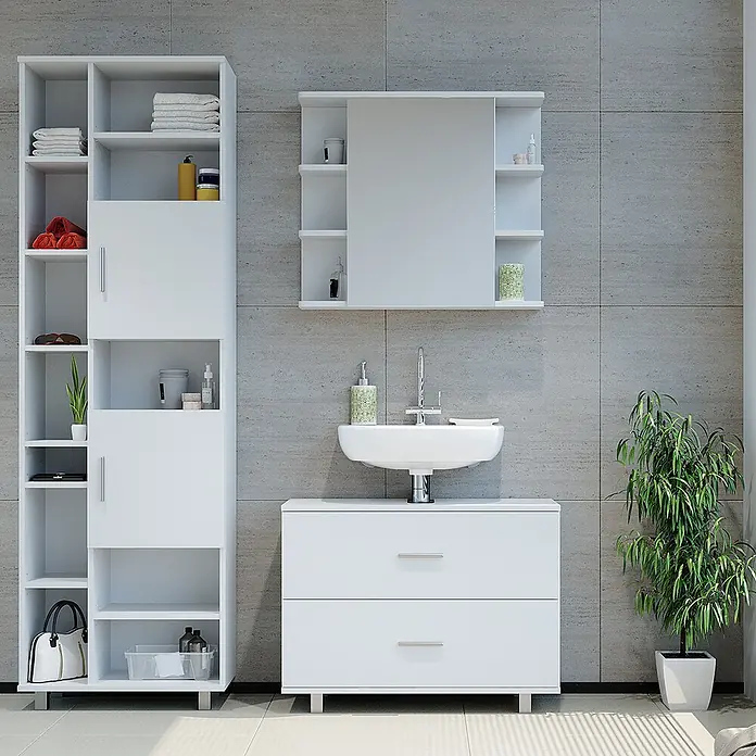 Vicco Badmöbel-Set Ilias Weiß 3 Teile, mit Hochschrank - Gesamtbreite Badmöbel: 140,2 cm, Weiß, Matt - Modernes weißes Badezimmer-Set mit Hochschrank, Waschtisch mit Waschbecken und Spiegelschrank.