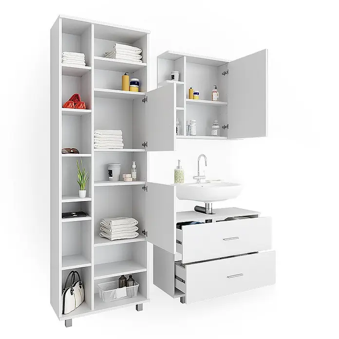Vicco Badmöbel-Set Ilias Weiß 3 Teile, mit Hochschrank - Gesamtbreite Badmöbel: 140,2 cm, Weiß, Matt - Weißes Badmöbelset mit hohem Regal, Wandschrank und Waschtisch mit Waschbecken und zwei Schubladen.