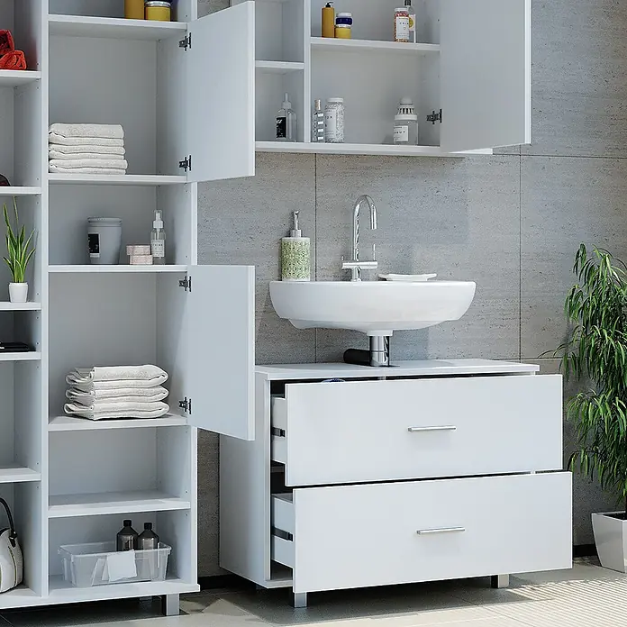 Vicco Badmöbel-Set Ilias Weiß 3 Teile, mit Hochschrank - Gesamtbreite Badmöbel: 140,2 cm, Weiß, Matt - Weißes Badezimmermöbelset mit offenen Regalen, Schränken, einem Waschbecken und Schubladen.