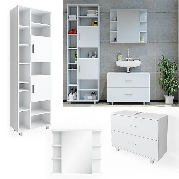 Vicco Badmöbel-Set Ilias Weiß 3 Teile, mit Hochschrank - Gesamtbreite Badmöbel: 140,2 cm, Weiß, Matt - Weißes Badezimmermöbel-Set: hoher Schrank, Spiegelschrank und Waschtischunterschrank mit Waschbecken.