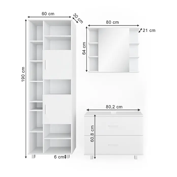 Vicco Badmöbel-Set Ilias Weiß 3 Teile, mit Hochschrank - Gesamtbreite Badmöbel: 140,2 cm, Weiß, Matt - Weißes Möbelset: hohes Regal, Spiegelschrank, Kommode mit 2 Schubladen.