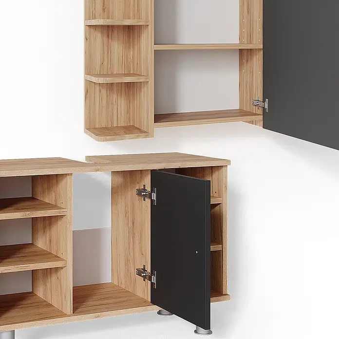 Vicco Badmöbel-Set Fynn Goldkraft Eiche 2 Teile, Unterschrank 80 cm - Gesamtbreite Badmöbel: 80 cm, Goldkraft Eiche, Matt - Modulares Regal- und Schranksystem aus hellem Holz mit dunkelgrauen Schranktüren, mit offenen Fächern und geschlossenen Abteilen.