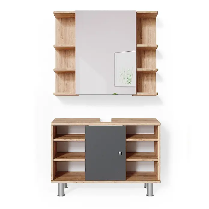 Vicco Badmöbel-Set Fynn Goldkraft Eiche 2 Teile, Unterschrank 80 cm - Gesamtbreite Badmöbel: 80 cm, Goldkraft Eiche, Matt - Helles Holz Spiegel- und Aufbewahrungsset: Wandschrank mit Spiegel und Regalen, Unterschrank mit grauer Schiebetür, Regalen und silbernen Füßen.